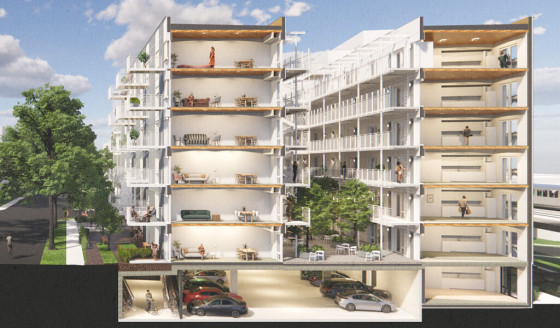 Rendering of two side by side multi storey buildings exposing the exterior wall to see the layout of apartments within